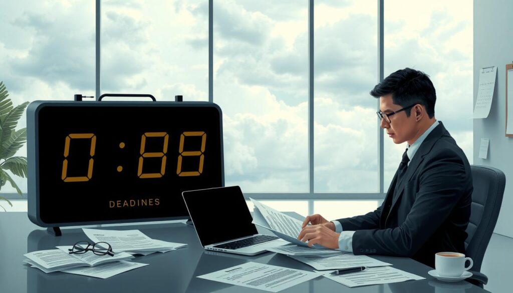 A conceptual illustration depicting a professional and serious atmosphere surrounding the topic of appeal deadlines for insurance decisions after a car accident. In the foreground, a focused business professional, dressed in smart business attire, reviews important documents at a modern desk, with a digital clock displaying deadlines prominently. The middle ground features a background of a sleek office with a large window showing a cloudy sky, symbolizing uncertainty and pressure. Soft, diffused daylight filters into the space, creating a calm yet tense ambiance. Papers related to insurance claims, a laptop, and a coffee cup contribute to the professional setting, while a subtle hint of a calendar is visible on the wall, marking the upcoming appeal dates. Overall, the image conveys a sense of urgency and professionalism.