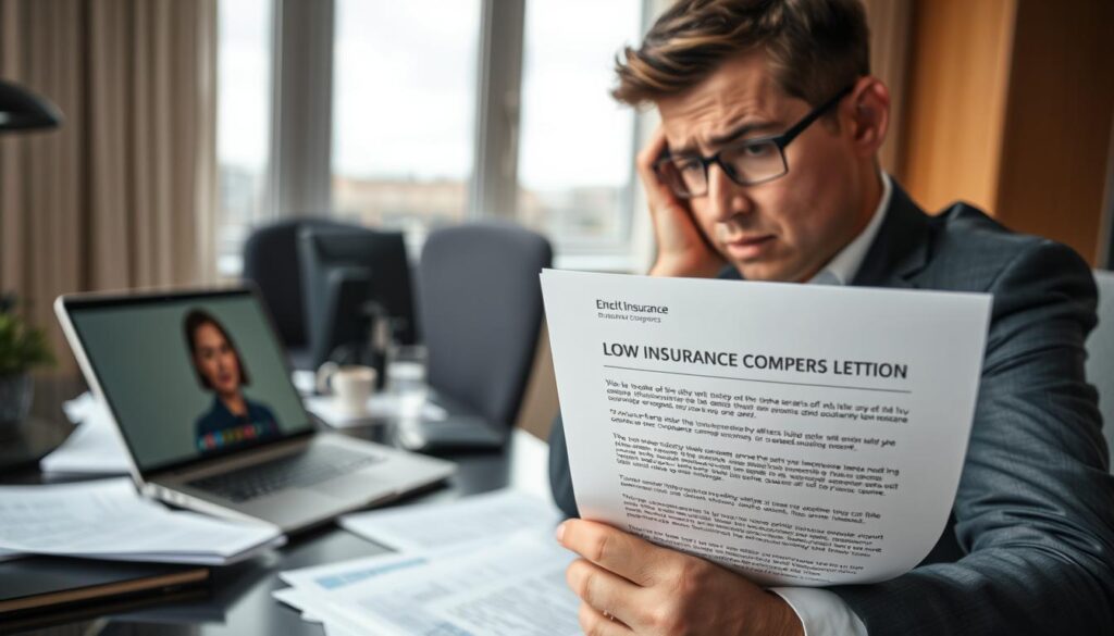 A concerned individual in a crisp business suit, sitting at a modern desk strewn with paperwork, looks frustrated while analyzing a low insurance compensation letter. The foreground features close-up details of the letter, showcasing a clear figure with numerical values highlighted. In the middle ground, a laptop displays a video call interface with an insurance agent, who appears empathetic yet firm. The background shows a window with a view of a cloudy sky, suggesting a somber atmosphere. Soft, diffused lighting creates a professional and serious mood, emphasizing the tension of the situation. The camera angle is slightly elevated, capturing both the individual and the laptop screen, providing an engaging perspective on the dilemma of reduced insurance payouts.