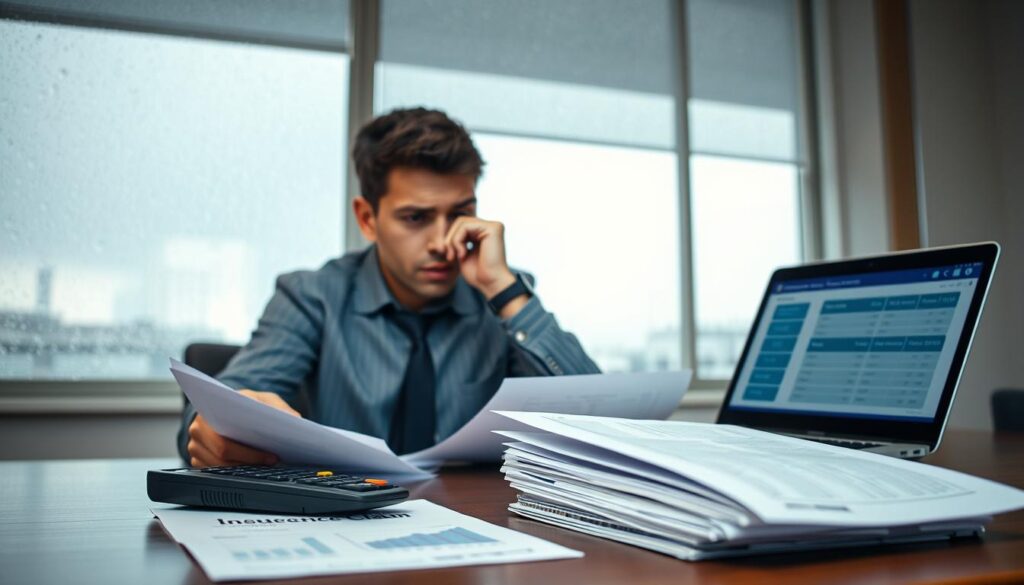 A concerned individual sitting at a desk in an office, reviewing paperwork with a worried expression, surrounded by documents related to an accident claim. In the foreground, a calculator and a stack of files labeled "insurance claim" and "compensation analysis" suggest a financial evaluation process. The middle ground features an open laptop displaying an online calculator for compensation estimation. In the background, a window shows a rainy day, reflecting a somber mood, with soft, diffused lighting creating an atmosphere of uncertainty. The individual is dressed in professional attire, conveying seriousness and focus. The composition emphasizes the impact of undercompensated insurance claims, evoking empathy and concern for their predicament.