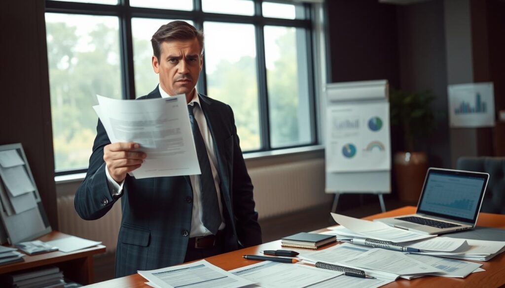 A concerned insurance policyholder standing in an office environment, looking at a document with a worried expression, depicting the theme of an underpaid compensation claim. The foreground focuses on the person, dressed in professional business attire, holding the paperwork in one hand while the other hand is raised to their chin, illustrating deep thought. In the middle ground, there is a desk cluttered with various insurance documents and a laptop displaying charts related to claims. The background shows a large window with natural light streaming in, highlighting the tension of the situation. The mood conveys uncertainty and contemplation, with soft, focused lighting emphasizing the stress of dealing with insurance issues. The composition captures both the personal struggle and the bureaucratic environment.