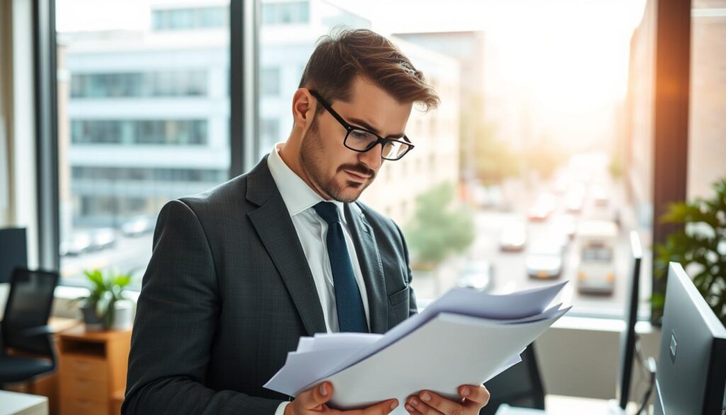 A confident insurance claims specialist stands in an office environment, surrounded by documents and a computer workstation. The specialist, wearing a smart business suit, is looking intently at a stack of papers, symbolizing the complexities of handling road accident compensation claims. The lighting is bright and professional, creating a sense of clarity and focus. In the background, a large window offers a view of a busy city street, hinting at the real-world implications of the work. The atmosphere is serious but approachable, emphasizing expertise and support for clients. The composition should be captured from a slight angle to give depth, showcasing both the specialist and the environment without any text or distractions.