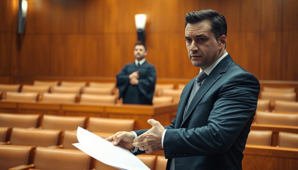 A courtroom scene focused on the process of seeking compensation after a car accident. In the foreground, a serious but determined lawyer in a professional business suit is presenting a case, holding a legal document and gesturing towards a judge. The middle layer features a judge in a dark robe, attentively listening, with an expression of contemplation. In the background, rows of empty benches indicate a formal legal atmosphere. Soft, warm lighting highlights the serious tone of the setting, with an emphasis on the polished wood paneling of the courtroom. The angle captures the lawyer's dynamic stance and the judge's focused demeanor, conveying an atmosphere of justice and professionalism.