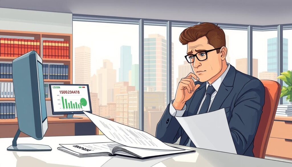 A detailed illustration showcasing the concept of "szkoda majątkowa" in a professional context. In the foreground, a business professional in smart attire sits at a modern desk, thoughtfully reviewing documents related to an insurance claim, with a contemplative expression. The middle ground features a well-organized office space, with shelves filled with legal books and a computer displaying charts of compensation figures. In the background, large windows let in soft, natural light, illuminating the room while overlooking a bustling cityscape. The mood conveys a sense of concern but also determination as the professional engages in the crucial process of appealing an insurance decision, with an emphasis on clarity and focus. The image is bright and inviting, highlighting a serious yet hopeful atmosphere.