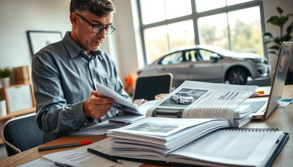 A detailed image of a damage documentation scene in an office environment. In the foreground, a professional business person in modest attire is reviewing a stack of papers and photographs depicting a damaged vehicle. The person's focused expression conveys diligence and attention to detail. In the middle ground, there’s a desk with a laptop, some tools, and an open notebook with detailed notes on compensation claims. In the background, a large window lets in natural light, creating a bright and inviting atmosphere. The lighting is soft but clear, highlighting the documents while maintaining a professional yet warm mood. The overall composition should emphasize the importance of thorough documentation in ensuring fair compensation assessments. A detailed image of a damage documentation scene in an office environment. In the foreground, a professional business person in modest attire is reviewing a stack of papers and photographs depicting a damaged vehicle. The person's focused expression conveys diligence and attention to detail. In the middle ground, there’s a desk with a laptop, some tools, and an open notebook with detailed notes on compensation claims. In the background, a large window lets in natural light, creating a bright and inviting atmosphere. The lighting is soft but clear, highlighting the documents while maintaining a professional yet warm mood. The overall composition should emphasize the importance of thorough documentation in ensuring fair compensation assessments.