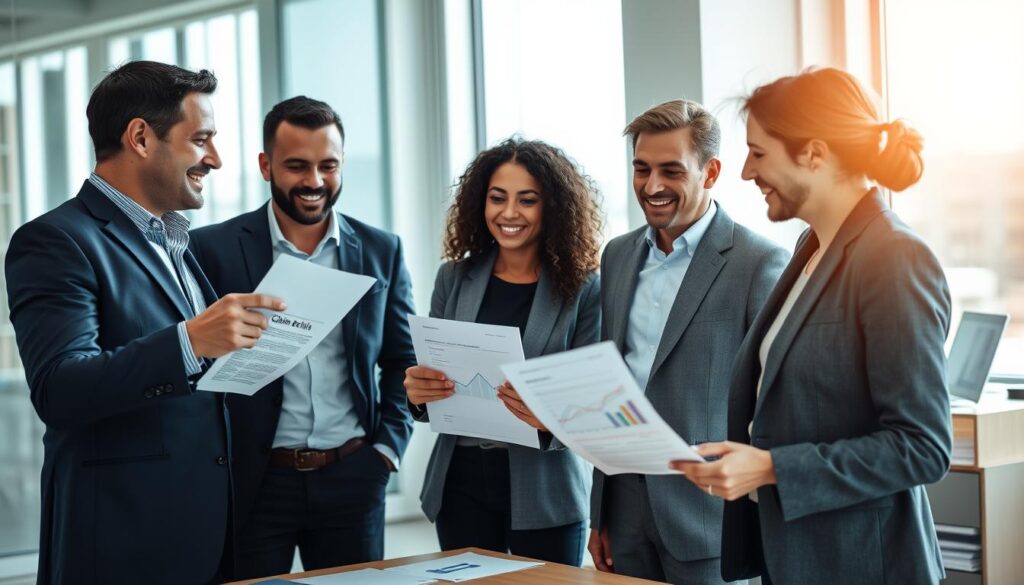 A focused business meeting scene set in a modern office environment. In the foreground, a diverse group of three professionals—two men and one woman—are engaged in an animated discussion, portraying expressions of determination and collaboration. The man on the left, wearing a navy suit, gestures towards a document labeled 'Claim Details', while the woman in a tailored blazer holds a tablet displaying graphs. The middle ground features a large window with natural light streaming in, creating a warm and optimistic atmosphere. In the background, a sleek desk with insurance brochures and compensation documents is visible. The color scheme is a blend of soft blues and warm neutrals, enhancing a sense of professionalism and trust. The angle is slightly elevated, capturing the dynamics of the conversation without any distracting elements or text.