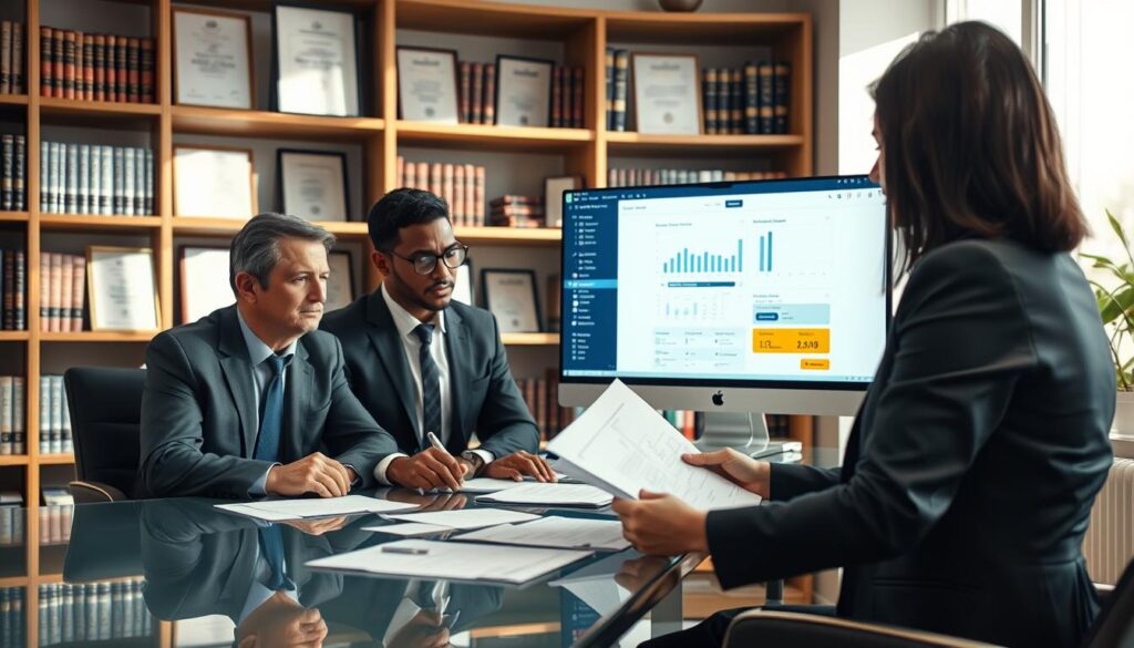 A professional and organized office setting focusing on the insurance claims process. In the foreground, a diverse group of three individuals in business attire—two adults (one male, one female) reviewing documents at a sleek, modern glass table, with concerned yet focused expressions. In the middle, a large computer screen displaying an insurance claims software interface, bright and clear, with numbers and charts visible. The background features shelves filled with legal books and framed certificates, creating an authoritative atmosphere. Soft, natural lighting streams in from a window, casting gentle shadows to add depth. The overall mood is serious and professional, reflecting the importance of handling claims effectively.