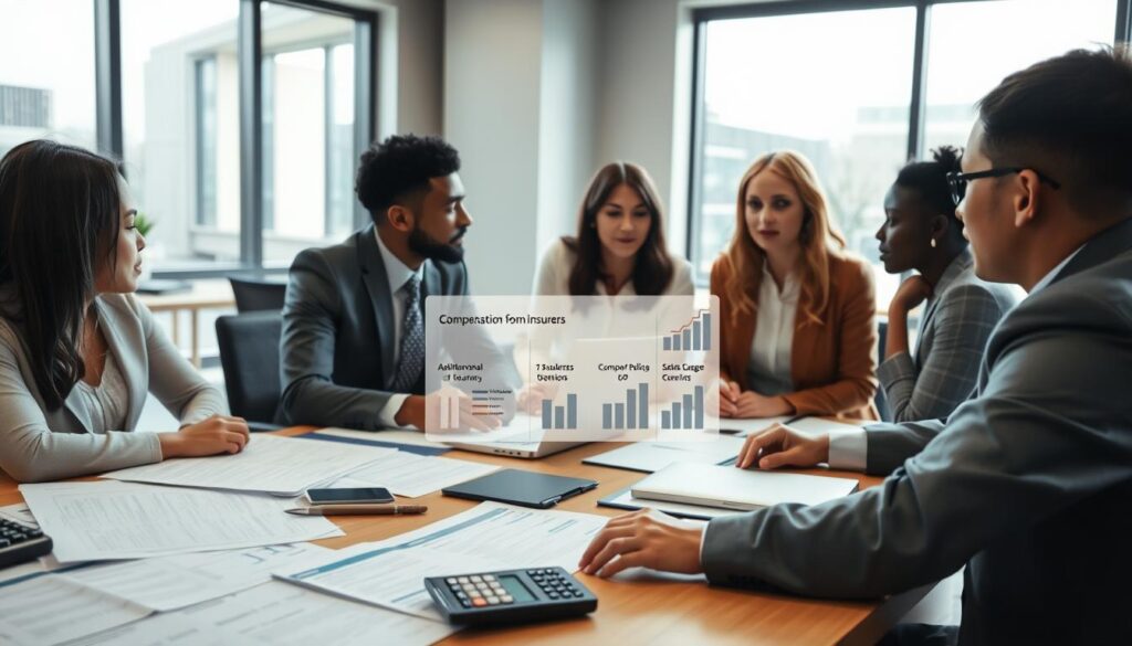 A professional business setting exploring the concept of "compensation from insurers." In the foreground, a diverse group of three people in business attire, engaged in a discussion around a table cluttered with insurance documents, a calculator, and a laptop. In the middle ground, a visual representation of insurance policies and charts illustrating compensation figures. The background features a modern office with large windows, allowing natural light to flood in, creating a bright and inviting atmosphere. The mood is focused and analytical, reflecting a serious conversation about additional insurance and claims. The scene is captured from a slightly elevated angle, providing a comprehensive view of the interaction and the details on the table, emphasizing professionalism and insight. A professional business setting exploring the concept of "compensation from insurers." In the foreground, a diverse group of three people in business attire, engaged in a discussion around a table cluttered with insurance documents, a calculator, and a laptop. In the middle ground, a visual representation of insurance policies and charts illustrating compensation figures. The background features a modern office with large windows, allowing natural light to flood in, creating a bright and inviting atmosphere. The mood is focused and analytical, reflecting a serious conversation about additional insurance and claims. The scene is captured from a slightly elevated angle, providing a comprehensive view of the interaction and the details on the table, emphasizing professionalism and insight.