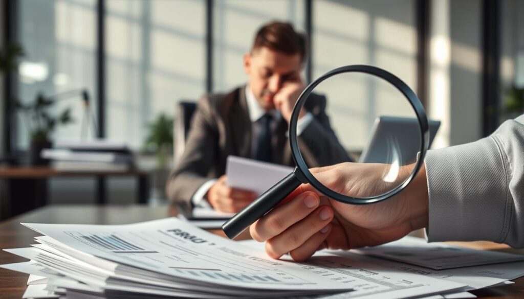 A professional business setting illustrating common pitfalls in claiming compensation. In the foreground, a pair of hands holding a magnifying glass, inspecting a stack of paperwork labeled with graphs, numbers, and insurance forms. The middle ground features a concerned person in smart business attire, analyzing a contract while sitting at a desk cluttered with documents and a laptop. The background showcases a blurred office environment with a large window letting in soft, natural light, casting gentle shadows. The overall atmosphere is tense yet focused, emphasizing the meticulousness required when navigating compensation claims. A sense of urgency is conveyed, reflecting the importance of careful scrutiny in the process.