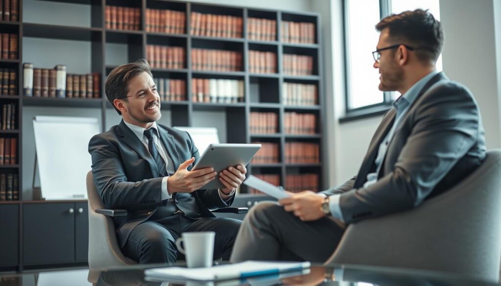 A professional consultant in a modern office environment, sitting across from a client, discussing insurance compensation claims. The consultant, dressed in a sharp business suit, uses a tablet to present information, while the client, wearing smart casual attire, appears engaged and thoughtful. In the background, a large window lets in natural light, illuminating the room with a warm glow, and shelves filled with legal books and documents create a sense of professionalism. The atmosphere is one of trust and collaboration, emphasizing the importance of expert guidance in navigating complex insurance matters. The angle captures both the consultant and the client, highlighting their interaction and the seriousness of the consultation, while maintaining a sense of hope and reassurance.