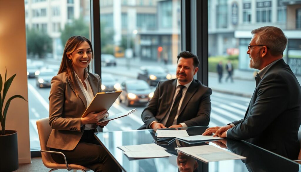A professional consultation scene focused on personal injury compensation. In the foreground, a confident female insurance consultant in business attire, holding a clipboard and smiling, is engaged in a discussion with a middle-aged man in smart casual clothing. They are seated at a modern glass table with documents scattered around. In the middle ground, a window reveals a busy city street, indicating an urban setting. The background features a sleek office environment with soft natural lighting streaming in, creating a warm and inviting atmosphere. The overall mood is professional and reassuring, emphasizing trust and support in the aftermath of a road accident.
