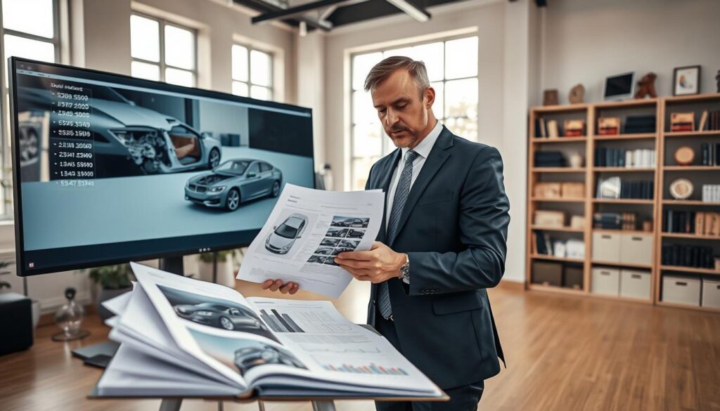 A professional insurance appraiser, wearing formal business attire, stands in a well-lit office surrounded by documents and technical tools. In the foreground, he examines a detailed vehicle damage report held in one hand while the other gestures towards a large computer screen displaying a 3D car model. The middle ground shows an open folder with photographs of accident damage and an analytics display. In the background, large windows let in natural light, illuminating the sleek, modern office space filled with bookshelves and awards, projecting an atmosphere of competence and authority. The scene captures the meticulous nature of the appraisal process, highlighting the importance of the expert's role in insurance claims. The angle of view is slightly elevated, showcasing both the appraiser's focused expression and the organized workspace.
