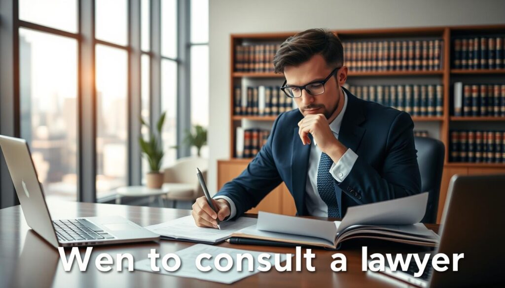 A professional insurance attorney in a modern office, sitting at a sleek wooden desk, reviewing legal documents. The foreground features a focused individual in a tailored navy blue suit, wearing glasses, with a thoughtful expression, highlighting their expertise. The middle ground showcases open files, legal papers, and a laptop, symbolizing their work. In the background, a bookshelf filled with legal texts and a large window showing a cityscape, illuminated by soft natural light. The atmosphere is serious yet inviting, emphasizing professionalism and trust. The image captures the essence of legal consultation, making it suitable for discussing when to consult a lawyer.