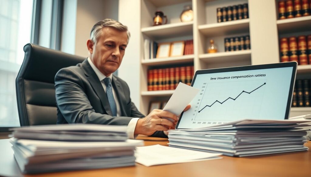 A professional legal consultant sitting at a sleek desk in an office, reviewing paperwork related to insurance compensation in a well-lit environment. The foreground features neatly stacked documents and a laptop displaying a graph showing declining compensation rates. In the middle, the consultant, a middle-aged individual in a tailored suit, is intently focused on the documents, with a contemplative expression. The background reveals shelves filled with legal books and awards, emphasizing authority and expertise. Soft, natural light coming through a large window creates a calm and serious atmosphere. The angle is slightly above eye level, providing a comprehensive view of the workspace while maintaining a professional tone. A professional legal consultant sitting at a sleek desk in an office, reviewing paperwork related to insurance compensation in a well-lit environment. The foreground features neatly stacked documents and a laptop displaying a graph showing declining compensation rates. In the middle, the consultant, a middle-aged individual in a tailored suit, is intently focused on the documents, with a contemplative expression. The background reveals shelves filled with legal books and awards, emphasizing authority and expertise. Soft, natural light coming through a large window creates a calm and serious atmosphere. The angle is slightly above eye level, providing a comprehensive view of the workspace while maintaining a professional tone.
