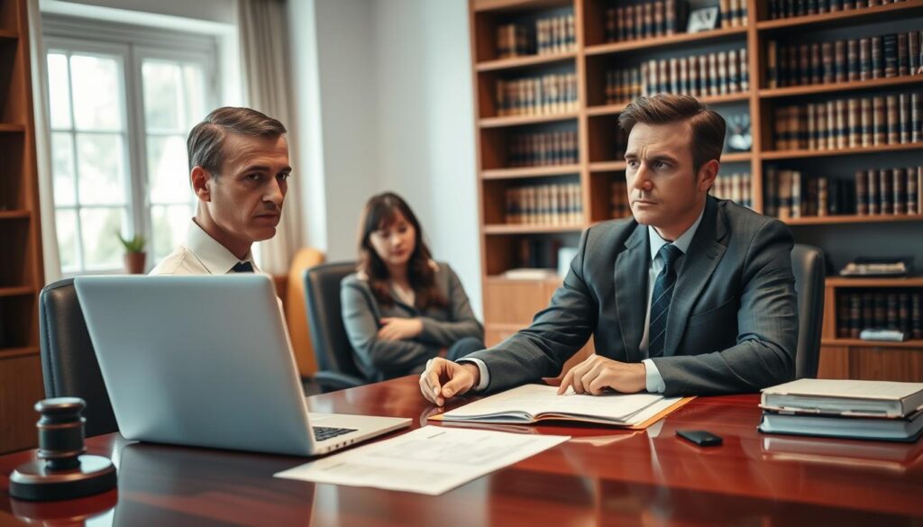 A professional legal consultation scene, featuring a lawyer and a client discussing a car accident case. Foreground: The lawyer, a middle-aged individual in smart business attire, looks attentive and supportive, seated across a polished wooden desk, with a laptop open and legal documents spread out. Middle: The client, a young adult in casual yet neat clothing, appears engaged and concerned, leaning slightly forward in their chair. Background: A soft-focus office environment with bookshelves filled with law books and a window letting in natural light, creating a warm and trusted atmosphere. The mood is serious yet hopeful, emphasizing the importance of seeking legal help in challenging times. A professional legal consultation scene, featuring a lawyer and a client discussing a car accident case. Foreground: The lawyer, a middle-aged individual in smart business attire, looks attentive and supportive, seated across a polished wooden desk, with a laptop open and legal documents spread out. Middle: The client, a young adult in casual yet neat clothing, appears engaged and concerned, leaning slightly forward in their chair. Background: A soft-focus office environment with bookshelves filled with law books and a window letting in natural light, creating a warm and trusted atmosphere. The mood is serious yet hopeful, emphasizing the importance of seeking legal help in challenging times.