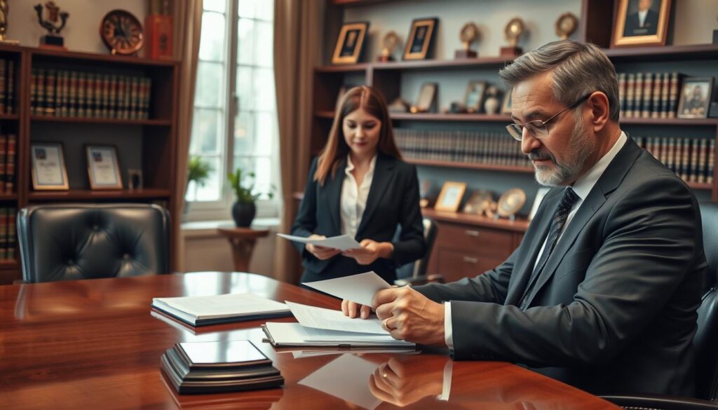 A professional legal consultation scene in an elegant office. In the foreground, a well-dressed lawyer, a middle-aged man in a tailored suit, is sitting at a polished wooden desk, examining documents. His expression is focused and confident. In the middle, an attentive client, a young woman in business casual attire, is listening intently while taking notes. Surrounding them are shelves filled with legal books and awards, indicating expertise. The background features a large window with natural light streaming in, creating a warm and inviting atmosphere. The mood is serious yet constructive, emphasizing the importance of expert consultation in insurance claims. The image should have soft, diffused lighting to enhance the professional ambiance.