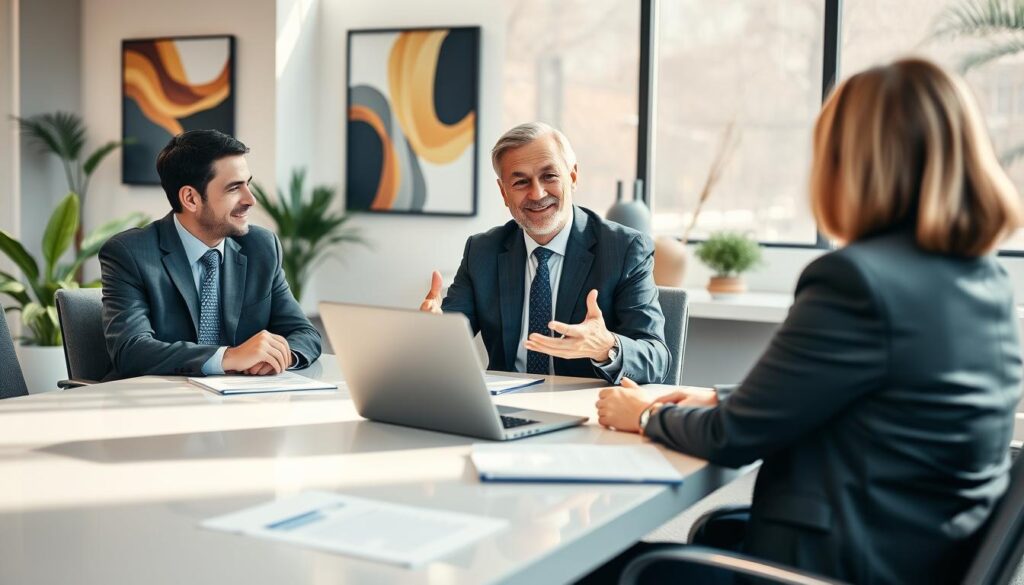 A professional mediator sitting at a sleek conference table, engaged in a discussion with two clients, a man and a woman, who are dressed in business attire. The setting is a modern office with a large window in the background, allowing natural light to pour in, creating a warm and inviting atmosphere. The mediator, a middle-aged man with a friendly demeanor, uses hand gestures to explain the claims process. In the foreground, documents and a laptop are visible, signifying the formal nature of the meeting. The background features plants and contemporary artwork, enhancing the professionalism of the setting. The overall mood is collaborative and solution-oriented, reflecting the important role mediators play in resolving disputes fairly and efficiently.