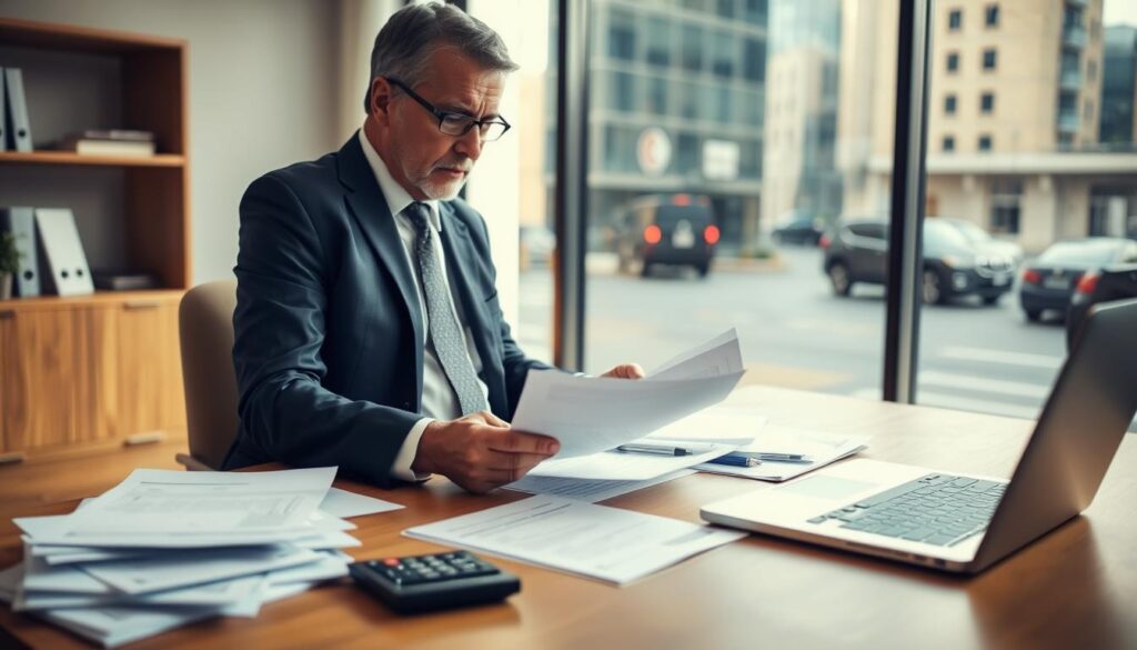 A professional office environment focusing on an individual reviewing a car accident claim. In the foreground, a well-dressed person, a middle-aged man or woman in business attire, examines documents on a wooden desk scattered with papers, a laptop, and a calculator. The middle ground shows a large window with natural light pouring in, highlighting the determined expression on the individual's face. In the background, blurred images of city streets can be seen through the window, hinting at the aftermath of a car accident. The scene is warm and serious, conveying a sense of focus and urgency as the person prepares to advocate for fair compensation. The lighting is soft yet bright, capturing the intensity of the moment.