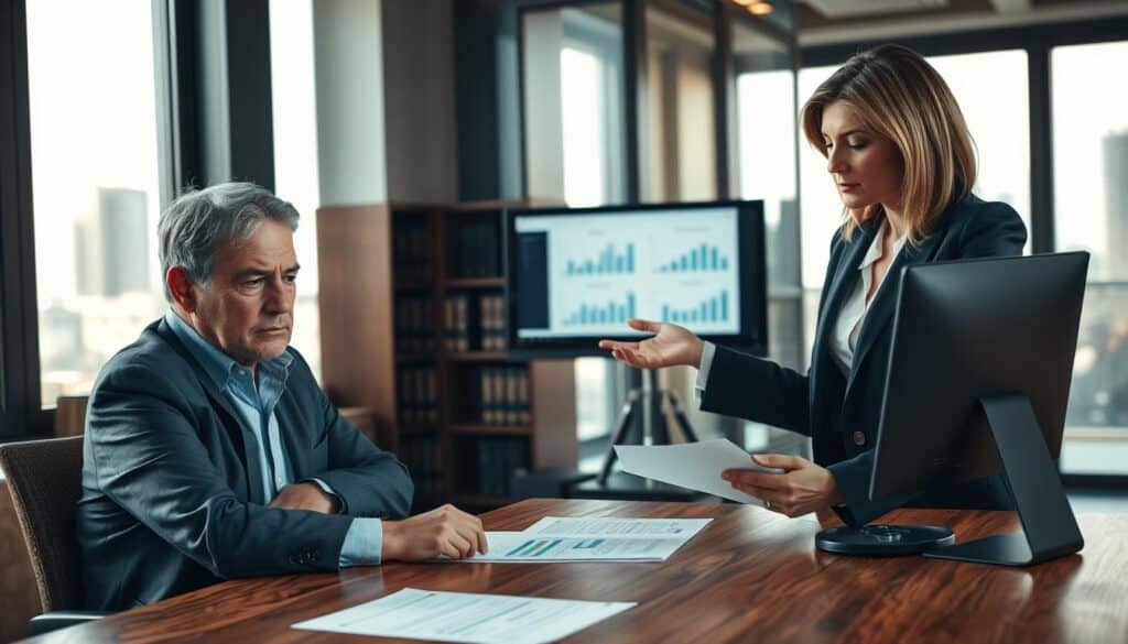 A professional office environment showcasing a meeting between a concerned individual and an insurance adjuster discussing claim verification. The foreground features the individual, a middle-aged person in business attire, looking attentively at documents on a wooden table while the adjuster, a woman in a smart blazer, gestures towards a computer screen displaying charts and data. The middle ground captures a modern office setting with shelves of legal books and a large window allowing soft daylight to flood the space. In the background, a cityscape is visible through the window. The overall mood is serious, reflecting the importance of effective compensation verification after an accident. The lighting is warm and inviting, creating a sense of professionalism and trust.
