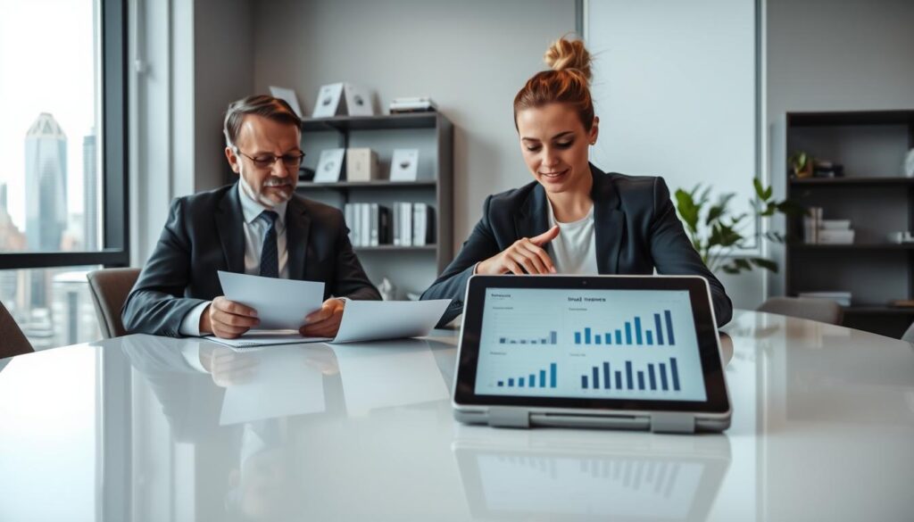 A professional office environment with two individuals discussing insurance options at a sleek, modern conference table. In the foreground, a middle-aged man in a business suit examines documents, while a woman in professional attire gestures towards a digital tablet displaying graphs and charts about insurance policies. The middle-ground features a large window revealing a city skyline, with natural light illuminating the scene, creating a bright and inviting atmosphere. In the background, shelves filled with insurance-related materials and a plant add a touch of warmth and professionalism. Capture the mood of focused collaboration and decision-making, emphasizing clarity and confidence in selecting the right insurer. The angle should convey a sense of depth, showcasing the dynamic interaction between the two professionals.