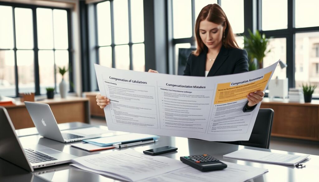 A professional office setting depicting a confident businesswoman in smart attire, examining a large document that illustrates various compensation calculation errors. In the foreground, she is focused on the paper, with highlighted sections indicating common mistakes. In the middle, a sleek modern desk cluttered with files, a laptop, and a calculator is visible, emphasizing the analytical atmosphere. The background features large windows allowing soft, natural light to flood the room, enhancing the sense of clarity and professionalism. The overall mood is serious yet constructive, reflecting a diligent effort to address inaccuracies in compensation assessment. The angle is slightly tilted, giving a dynamic perspective that draws the viewer into the scene.