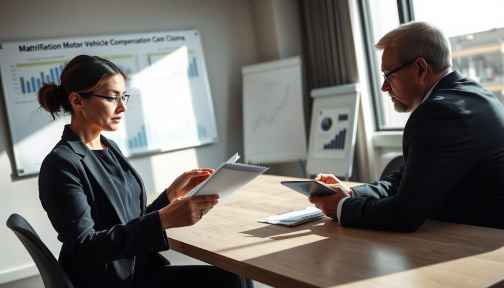A professional office setting depicting a discussion about motor vehicle compensation claims. In the foreground, a businesswoman in professional attire is analyzing a document, looking concerned as she points to key details. In the middle ground, a man in a suit is seated at a conference table, thoughtfully listening while taking notes on a tablet. The background features a large window with natural light flooding the room, casting soft shadows. A whiteboard with charts and graphs on compensation trends provides context. The atmosphere is serious and focused, indicating a critical conversation about financial awareness and the nuances of insurance claims. The image captures the essence of careful scrutiny in professional consultations, emphasizing the importance of being vigilant regarding potential underpayment.