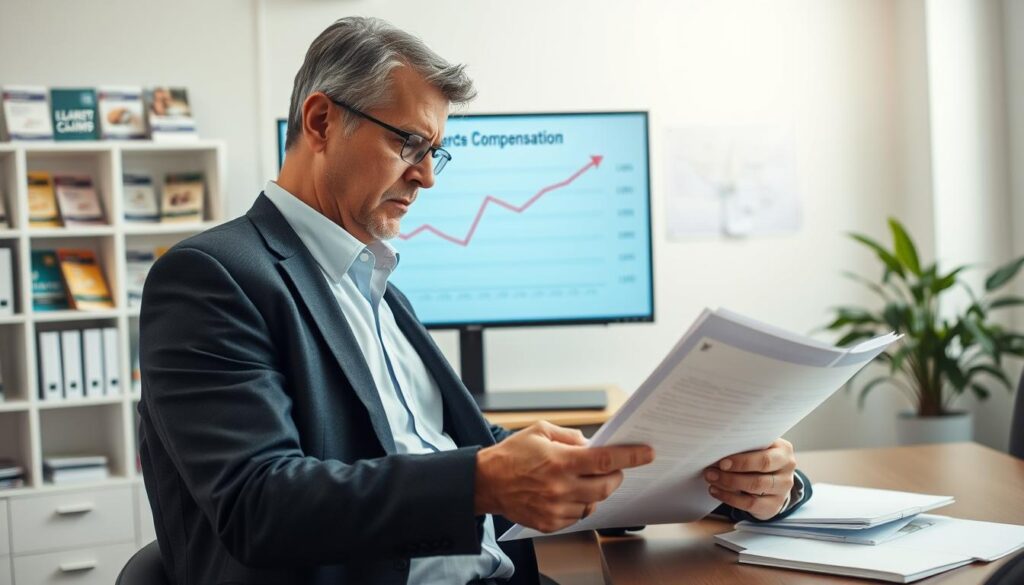 A professional office setting depicting an insurance claims adjuster reviewing paperwork at a desk. In the foreground, a middle-aged man in a suit is focused on documents with a worried expression, symbolizing the frustration of claims being undervalued. In the middle, a large computer screen displays a chart with declining compensation amounts, hinting at the topic of claims reductions. The background features shelves lined with insurance brochures and a potted plant for a touch of professionalism. The lighting is bright and inviting, enhancing a serious yet hopeful atmosphere. The angle is slightly overhead, offering a clear view of the scene while emphasizing the emotions of the adjuster. Ensure the image conveys the tension and complexity of insurance compensation issues without text or any distractions.