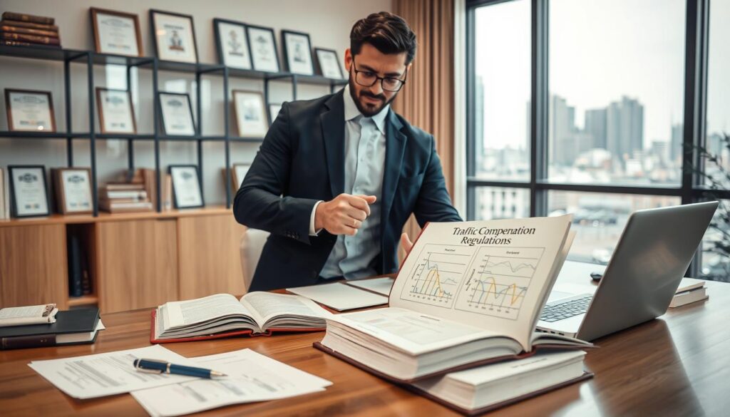 A professional office setting features a well-organized wooden desk with legal documents and a laptop open, displaying graphs related to traffic accident compensation. In the foreground, a confident lawyer in a sharp navy suit analyzes a thick law book titled "Traffic Compensation Regulations," with legal notepads and a pen scattered around. The middle ground captures shelves lined with legal textbooks, case files, and framed certificates, while soft natural light streams in from a large window, creating an inviting atmosphere. The background contains a cityscape view through the glass, hinting at the urban environment connected to the complexities of traffic law. The overall mood conveys a sense of authority, professionalism, and dedication to understanding legal frameworks surrounding communication compensation. A professional office setting features a well-organized wooden desk with legal documents and a laptop open, displaying graphs related to traffic accident compensation. In the foreground, a confident lawyer in a sharp navy suit analyzes a thick law book titled "Traffic Compensation Regulations," with legal notepads and a pen scattered around. The middle ground captures shelves lined with legal textbooks, case files, and framed certificates, while soft natural light streams in from a large window, creating an inviting atmosphere. The background contains a cityscape view through the glass, hinting at the urban environment connected to the complexities of traffic law. The overall mood conveys a sense of authority, professionalism, and dedication to understanding legal frameworks surrounding communication compensation.