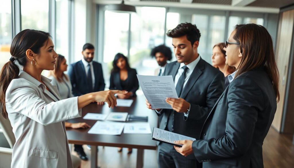 A professional office setting featuring a diverse group of people in business attire engaged in a serious discussion about victims' rights after a collision. In the foreground, a woman points to a legal document, symbolizing the complexities of compensation claims, while a man writes notes on a notepad. The middle scene shows a conference table with charts and folders related to accident claims. In the background, a large window allows natural light to flood the room, creating a bright and hopeful atmosphere. Capture the image from a slightly elevated angle to encompass the entire scene, emphasizing the importance of mutual support and understanding in navigating legal rights.