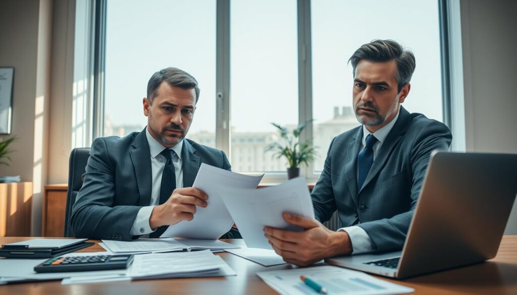 A professional office setting featuring a well-dressed insurance advisor seated at a desk, reviewing paperwork with a concerned client. The foreground shows their focused expressions, emphasizing a serious discussion about insurance claims. In the middle, the desk is cluttered with documents, a calculator, and a laptop displaying data charts. The background features a large window with natural light streaming in, casting soft shadows across the room, creating a warm but serious atmosphere. The overall mood is one of tension and determination, reflecting the client's quest for justice after an unsatisfactory insurance payout. The image composition should be framed to highlight the interaction between the advisor and the client, using a slight tilt-angle to convey urgency. A professional office setting featuring a well-dressed insurance advisor seated at a desk, reviewing paperwork with a concerned client. The foreground shows their focused expressions, emphasizing a serious discussion about insurance claims. In the middle, the desk is cluttered with documents, a calculator, and a laptop displaying data charts. The background features a large window with natural light streaming in, casting soft shadows across the room, creating a warm but serious atmosphere. The overall mood is one of tension and determination, reflecting the client's quest for justice after an unsatisfactory insurance payout. The image composition should be framed to highlight the interaction between the advisor and the client, using a slight tilt-angle to convey urgency.