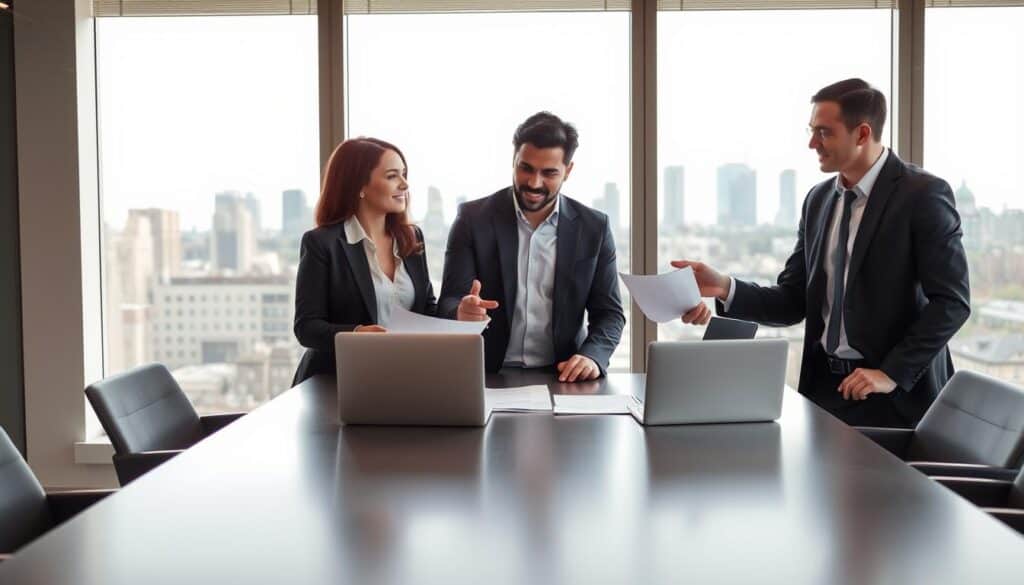 A professional office setting provides the backdrop, featuring a sleek conference table in the foreground. At the table, a diverse group of three individuals, dressed in smart business attire, engage in a collaborative discussion. One individual gestures towards detailed documents and a laptop, emphasizing the importance of a thorough consultation. In the middle ground, a large window allows soft, natural daylight to illuminate the scene, creating a warm and inviting atmosphere. A city skyline is visible in the background, suggesting an urban setting. The mood is optimistic and focused, capturing the essence of positive change and insightful consultation regarding compensation evaluations. The image should reflect professionalism and a commitment to detailed assessment, devoid of any text or visual clutter.