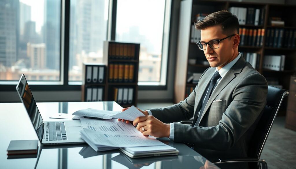 A professional office setting, showcasing a confident business person in modest business attire, sitting at a sleek desk with a laptop open and various documents spread out, focusing intently on an insurance claim. In the foreground, the individual is analyzing a detailed chart of compensation figures, illuminated by soft, natural light coming from a nearby window, creating a productive atmosphere. In the middle ground, a well-organized bookshelf filled with legal books and insurance guides provides context. The background features a subtle cityscape view through the glass, conveying a sense of professionalism and activity. The mood is determined and analytical, reflecting the essence of enhancing one's claim in the context of insurance compensation.