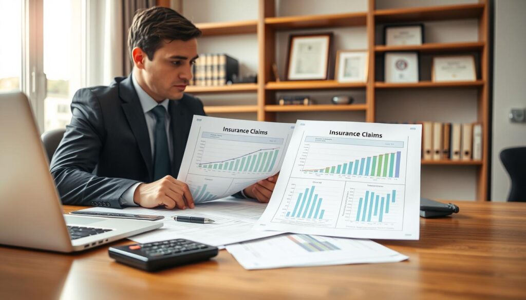 A professional office setting where a business consultant is reviewing insurance documents related to a car accident settlement. In the foreground, a neatly organized desk with a laptop, a calculator, and various paperwork displaying graphs illustrating insurance claims, with a focused consultant in smart business attire analyzing the data. The middle ground features a large window letting in soft, natural light, highlighting the seriousness of the situation. In the background, shelves lined with legal books and framed certificates convey authority and professionalism. The mood is serious yet hopeful, signifying the pursuit of adequate compensation after a car accident. The perspective is slightly elevated, capturing the dynamic between the consultant and the documents they are examining. The lighting is warm but focused, emphasizing the importance of the task at hand.