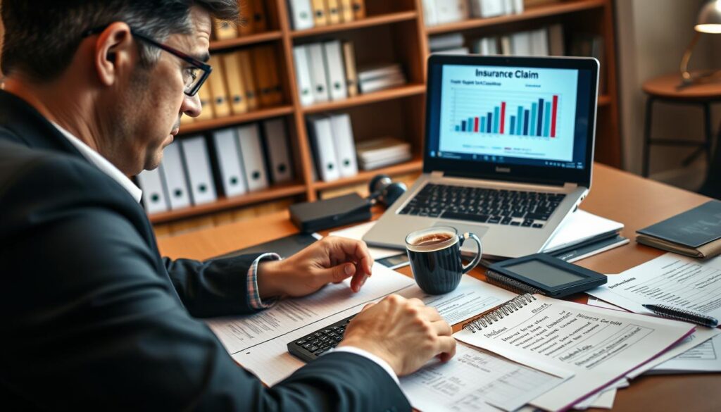 A professional office setting where a concerned individual, dressed in business attire, reviews insurance documents on a desk cluttered with papers, calculators, and a laptop displaying charts of compensation claims. In the foreground, the person looks focused, highlighting their intent to pursue rightful compensation. The middle layer features a cup of coffee and a notepad with scribbled notes about costs and claims, creating a sense of urgency. In the background, soft lighting illuminates shelves with legal books and documents, adding depth and context. The atmosphere is serious yet hopeful, reflecting the determination to achieve justice in the insurance claim process. The overall color palette is warm and inviting, conveying professionalism and focus. A professional office setting where a concerned individual, dressed in business attire, reviews insurance documents on a desk cluttered with papers, calculators, and a laptop displaying charts of compensation claims. In the foreground, the person looks focused, highlighting their intent to pursue rightful compensation. The middle layer features a cup of coffee and a notepad with scribbled notes about costs and claims, creating a sense of urgency. In the background, soft lighting illuminates shelves with legal books and documents, adding depth and context. The atmosphere is serious yet hopeful, reflecting the determination to achieve justice in the insurance claim process. The overall color palette is warm and inviting, conveying professionalism and focus.