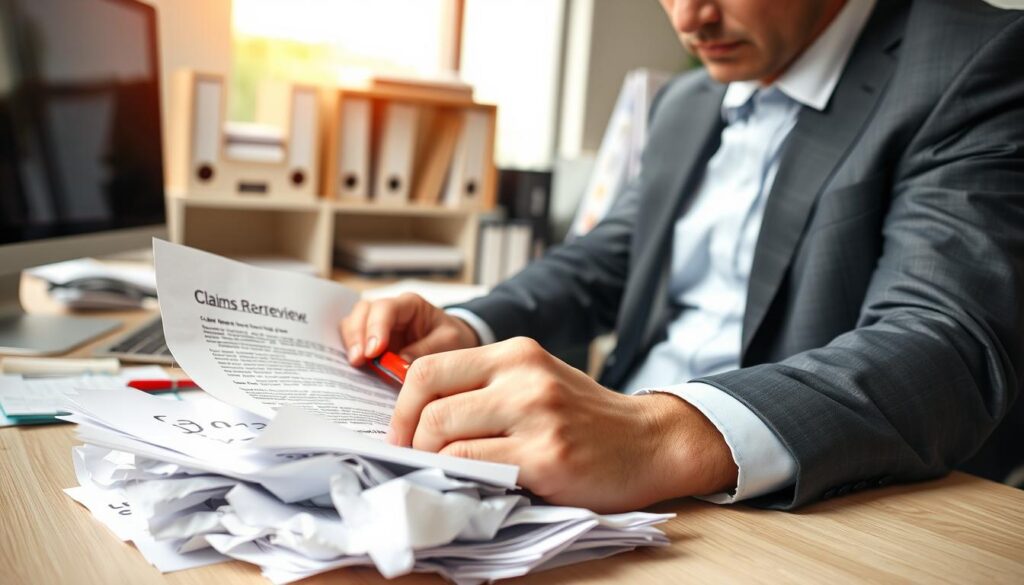 A professional office setting with a close-up view of a frustrated person sitting at a desk, reviewing a pile of paperwork related to a complaint. The foreground features a clear focus on their hands, which are holding a rejection letter surrounded by crumpled papers and a red pen. In the middle, there’s a computer screen displaying a document titled "Claims Review" with markers highlighting errors. The background shows a neatly organized office environment, with soft natural light filtering through a window, creating a calm yet tense atmosphere. The person is dressed in business attire, conveying seriousness. The image evokes a mood of frustration mixed with a desire to understand and rectify the situation.