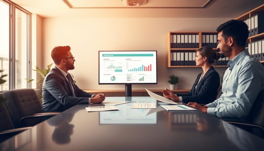 A professional office setting with a focus on insurance themes. In the foreground, a diverse group of three individuals—two men and one woman, all dressed in smart business attire—are gathered around a sleek conference table, reviewing documents and charts. The middle ground features a large presentation screen displaying key insurance statistics and graphical representations of coverage options. In the background, shelves are lined with binders labeled with various types of insurance, creating an organized yet dynamic workspace. Soft, warm lighting illuminates the scene, enhancing a collaborative and serious atmosphere. The camera angle is slightly elevated, capturing both the engaged expressions of the individuals and the visual data they are analyzing, emphasizing the importance of proper insurance coverage.