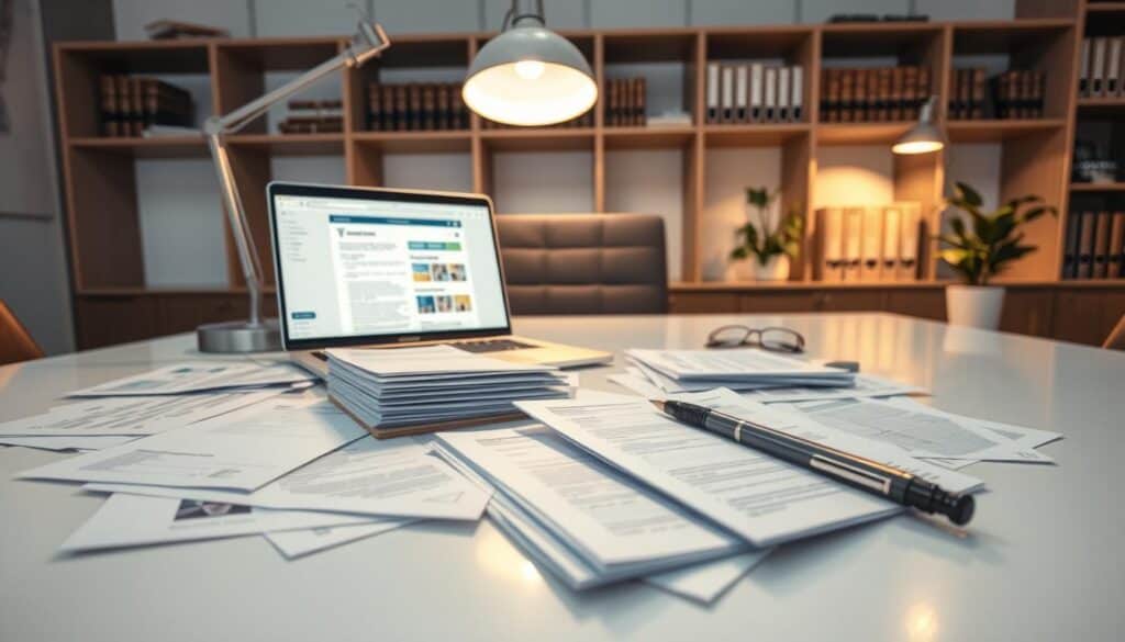A professional office setting with a focus on verification documents spread across a sleek, modern desk. In the foreground, neatly organized papers, including insurance claims and identification documents, under a stylish desk lamp casting warm light. Midground features a laptop open to a document review interface, surrounded by a notepad and pen, suggesting active work. In the background, shelves filled with legal books and a potted plant for a touch of greenery, creating a balanced atmosphere. The lighting is soft yet focused, conveying a serious yet approachable mood. The angle is from slightly above the desk, capturing the organized chaos of paperwork needed for verification in a clear, professional manner.