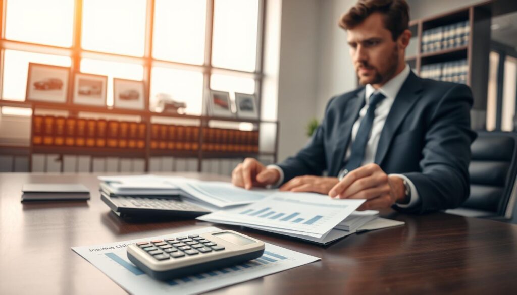 A professional office setting, with a well-dressed individual (in a smart suit) sitting at a modern desk, reviewing documents related to insurance claims. In the foreground, a close-up of a calculator and financial papers with charts and spreadsheets showcasing damage assessment figures. The middle ground includes shelves lined with legal books and framed photos of cars. The background features a large window letting in warm, natural light, creating a bright and focused atmosphere. A soft focus effect is applied to emphasize the subject’s concentration on the paperwork. Overall, the mood is determined and serious, reflecting the nature of claims assessment and the pursuit of justice in insurance disputes.
