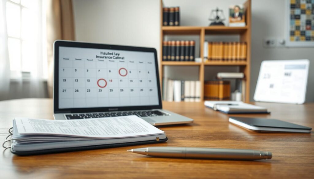 A professional office setting with a wooden desk in the foreground, featuring a detailed notebook and a silver pen. In the middle, an open laptop displays legal documents about insurance claims. A calendar on the wall highlights important deadlines, with dates circled in red. Soft natural light filters through a window, illuminating the scene, creating a calm and focused atmosphere. In the background, a bookshelf filled with law books and insurance brochures adds depth. The image conveys a sense of urgency and importance related to deadlines for appealing insurance decisions. The overall mood is serious yet organized, suitable for a professional context regarding insurance claims.