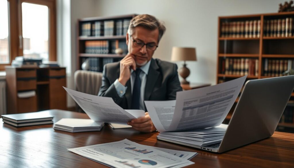 A professional office space featuring a thoughtful expert analyzing documents related to a compensation appeal. In the foreground, a middle-aged person in business attire, focused on reviewing a stack of papers with legal jargon. The middle ground shows a polished wooden desk scattered with files and a laptop displaying graphs and charts. Soft lighting illuminates the scene, creating a calm and analytical atmosphere. In the background, a blurred bookshelf filled with legal books and a window revealing a cityscape, suggesting a busy environment. The mood is serious yet hopeful, emphasizing the importance of expert guidance in navigating complex insurance claims. A professional office space featuring a thoughtful expert analyzing documents related to a compensation appeal. In the foreground, a middle-aged person in business attire, focused on reviewing a stack of papers with legal jargon. The middle ground shows a polished wooden desk scattered with files and a laptop displaying graphs and charts. Soft lighting illuminates the scene, creating a calm and analytical atmosphere. In the background, a blurred bookshelf filled with legal books and a window revealing a cityscape, suggesting a busy environment. The mood is serious yet hopeful, emphasizing the importance of expert guidance in navigating complex insurance claims.