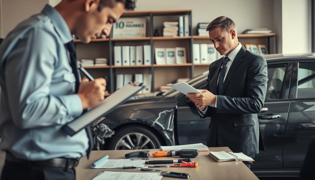 A professional property appraiser, dressed in smart business attire, examining damage to a car in an office environment. In the foreground, a focused male appraiser inspects the vehicle with a clipboard in hand, jotting down notes. In the middle ground, a damaged car is parked, showcasing visible dents and scratches, with various inspection tools on a nearby table. The background features shelves filled with documents and insurance brochures, emphasizing an authoritative setting. Soft lighting creates a serious yet calm atmosphere, with natural light filtering through a window, casting gentle shadows. The angle is slightly low, enhancing the professional demeanor of the appraiser while emphasizing the importance of thorough assessment in insurance claims. A professional property appraiser, dressed in smart business attire, examining damage to a car in an office environment. In the foreground, a focused male appraiser inspects the vehicle with a clipboard in hand, jotting down notes. In the middle ground, a damaged car is parked, showcasing visible dents and scratches, with various inspection tools on a nearby table. The background features shelves filled with documents and insurance brochures, emphasizing an authoritative setting. Soft lighting creates a serious yet calm atmosphere, with natural light filtering through a window, casting gentle shadows. The angle is slightly low, enhancing the professional demeanor of the appraiser while emphasizing the importance of thorough assessment in insurance claims.