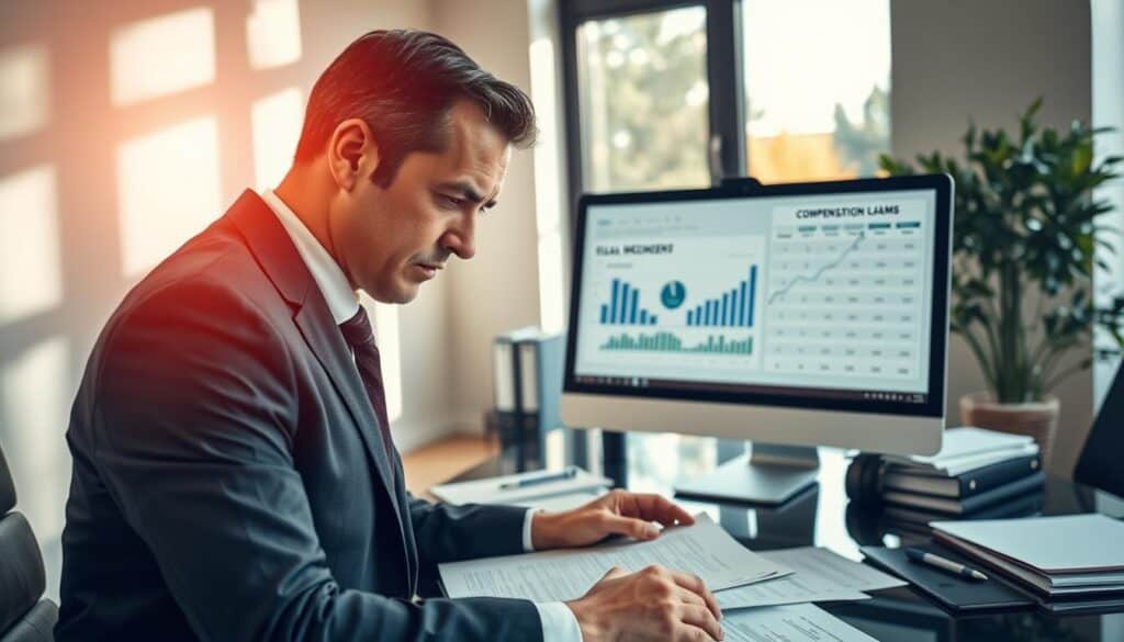 A professional scene depicting the verification of reduced compensation claims after a traffic accident. In the foreground, a serious-looking financial analyst in a tailored suit examines documents on a sleek office desk, with a focused expression. The middle ground features a computer displaying charts and graphs related to compensation claims, surrounded by financial files and legal documents. In the background, a large window allows natural light to flood the room, casting soft shadows and enhancing the atmosphere of diligence and professionalism. The overall mood is serious and analytical, conveying a sense of urgency and careful scrutiny in the claim verification process. The angle is slightly elevated, capturing both the analyst and the workspace in an organized manner.