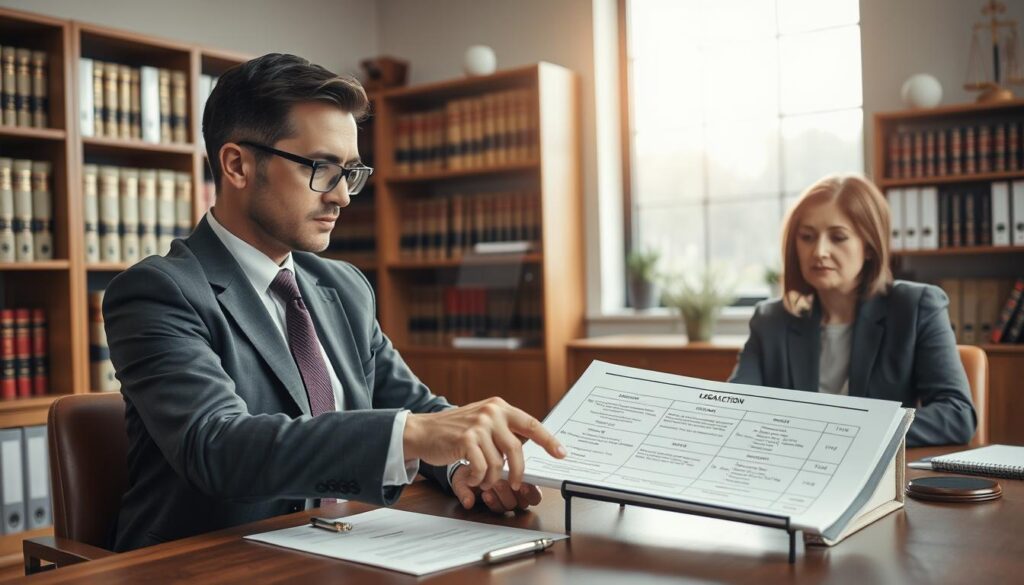 A professional, serene office setting depicting a lawyer consulting with a client regarding legal actions after a car accident. In the foreground, a well-dressed male lawyer points at a document on the table, indicating various legal steps and timelines for the compensation process. The client, a middle-aged woman in modest, professional attire, looks attentive and engaged. In the middle ground, shelves filled with law books and legal paperwork create an organized, authoritative atmosphere. The background features a large window with soft natural light filtering in, casting a warm glow over the scene. The mood is serious yet hopeful, embodying the journey towards justice with a focus on clarity and trust. A professional, serene office setting depicting a lawyer consulting with a client regarding legal actions after a car accident. In the foreground, a well-dressed male lawyer points at a document on the table, indicating various legal steps and timelines for the compensation process. The client, a middle-aged woman in modest, professional attire, looks attentive and engaged. In the middle ground, shelves filled with law books and legal paperwork create an organized, authoritative atmosphere. The background features a large window with soft natural light filtering in, casting a warm glow over the scene. The mood is serious yet hopeful, embodying the journey towards justice with a focus on clarity and trust.