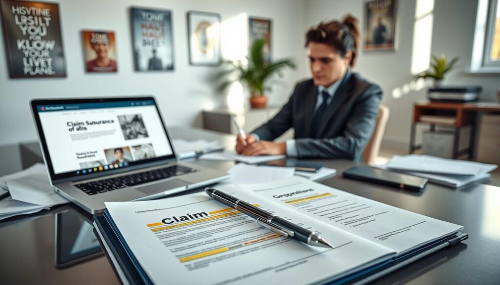 A professional setting depicting a person in business attire sitting at a sleek desk cluttered with paperwork. In the foreground, there's an open file labeled 'Claim Submission' with highlighted notes and a pen poised to write. The middle ground features a laptop displaying an insurance company's website, emphasizing the process of filing a claim. The background includes a softly lit office with motivational posters on the walls and a potted plant, creating a calm yet focused atmosphere. The scene is well-lit with natural light streaming in from a window, casting soft shadows. The overall mood conveys seriousness and determination in resolving an insurance claim issue, symbolizing the challenge of securing rightful compensation. A professional setting depicting a person in business attire sitting at a sleek desk cluttered with paperwork. In the foreground, there's an open file labeled 'Claim Submission' with highlighted notes and a pen poised to write. The middle ground features a laptop displaying an insurance company's website, emphasizing the process of filing a claim. The background includes a softly lit office with motivational posters on the walls and a potted plant, creating a calm yet focused atmosphere. The scene is well-lit with natural light streaming in from a window, casting soft shadows. The overall mood conveys seriousness and determination in resolving an insurance claim issue, symbolizing the challenge of securing rightful compensation.