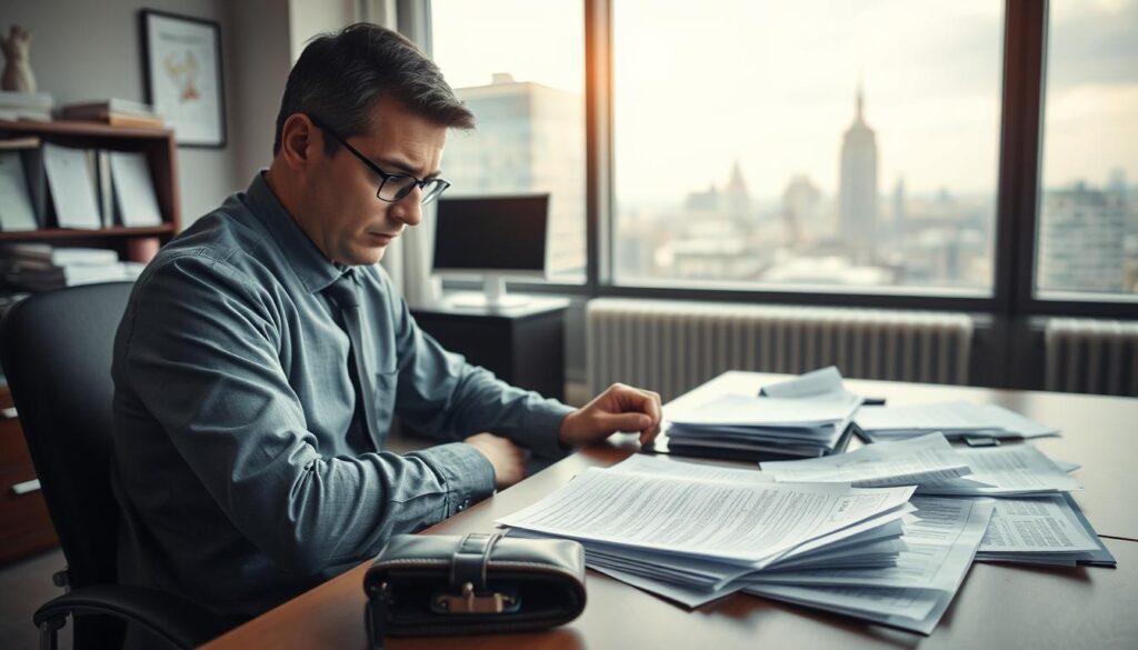 A professional setting depicting a scenario of underpaid compensation claims with an emphasis on real-life examples. In the foreground, a disheartened individual, dressed in business attire, sits at a desk cluttered with documents, emphasizing frustration. In the middle ground, a collection of claim papers and an empty wallet highlight the theme of insufficient payouts. The background includes a large window overlooking a cityscape, allowing natural light to spill in, creating a somber yet hopeful atmosphere. Use a soft focus effect to enhance the emotional weight of the scene while maintaining clarity on the subjects. The overall mood should convey a sense of struggle and reflection on financial challenges.