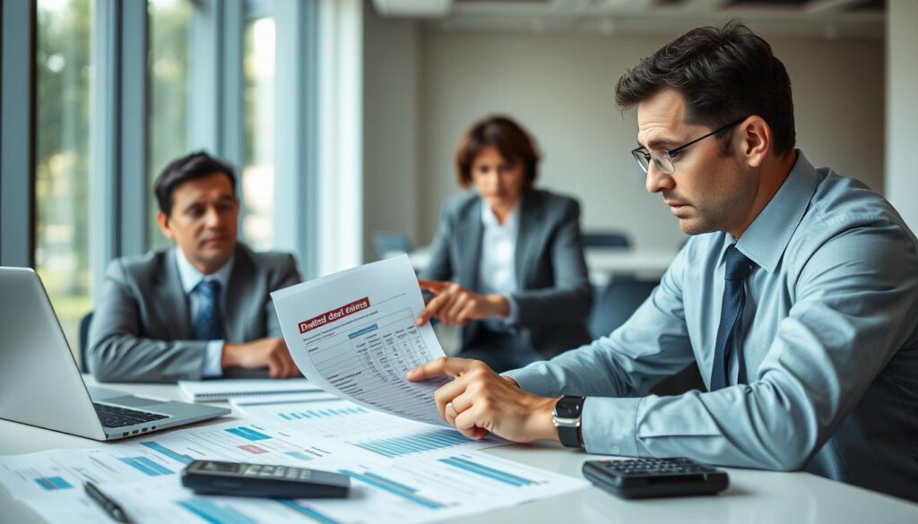 A professional setting depicting a tense negotiation between an insurance adjuster and a policyholder regarding accident compensation. In the foreground, show a well-dressed insurance adjuster with a concerned expression, seated at a table covered with papers and charts illustrating denied claims. The policyholder, dressed in business casual, appears frustrated while pointing at the documents. In the middle ground, include a blurred laptop and a calculator, emphasizing the financial aspect of the claim. The background reveals a modern office with large windows letting in natural light, casting a stark contrast to the serious atmosphere. The image should convey a mood of urgency and tension, highlighting the struggle for fair compensation in an insurance dispute.