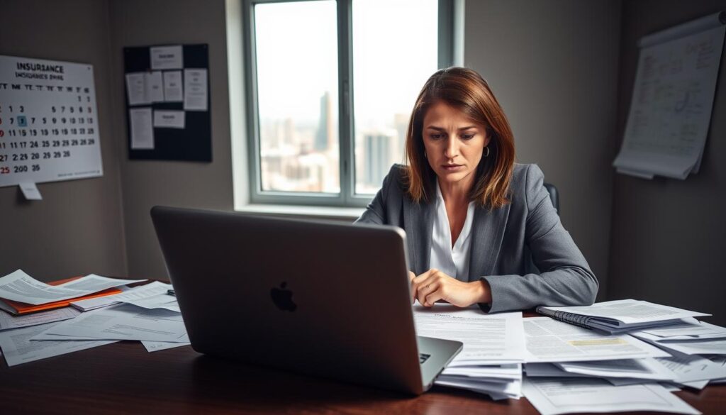 A professional setting depicting a woman in business attire, sitting at a desk with a laptop open in front of her, focused on drafting an appeal against an insurance company's decision. Papers and documents scattered around, some with highlighted sections, demonstrating her analytical approach. On the wall behind her, a calendar marked with important dates, and a large window showing a cityscape in the background, softly illuminated by natural sunlight. The atmosphere is somber yet determined, highlighting the theme of perseverance. The lens captures a close-up perspective, emphasizing her facial expression of seriousness and resolve, while soft lighting creates a calm yet focused environment, accentuating the importance of her task.
