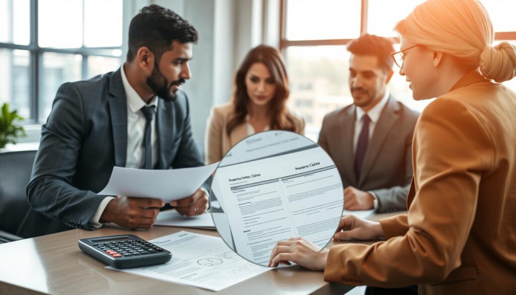 A professional setting showcasing an insurance claims process. In the foreground, a diverse group of three people in business attire—two men and one woman—are engaged in a serious discussion around a table with documentation and a laptop open. In the middle, a detailed close-up of insurance claim forms and a calculator can be seen, emphasizing the analytical aspect of the process. The background features a modern office interior with a large window allowing natural light to flood in, creating an optimistic atmosphere. Soft shadows add depth, and the overall mood is one of focus and determination, highlighting the importance of the claims process in the insurance industry.