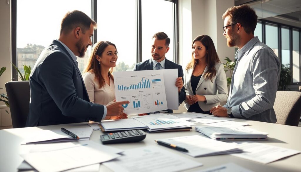 A professional setting showcasing various types of insurance compensation, focusing on communication-related claims. In the foreground, a group of three individuals in business attire, engaged in a discussion surrounding documents and graphs, representing the verification process. One person points at a chart displaying different compensation types, while others listen intently. In the middle ground, a modern office desk is cluttered with claim forms and a calculator, indicating thorough analysis. The background features a large window allowing natural light to flood the room, creating a bright and optimistic atmosphere. Soft shadows enhance the warmth, while the overall mood conveys professionalism and diligence. The image should be captured from a slightly elevated angle, offering a comprehensive view of the interaction in this professional environment.