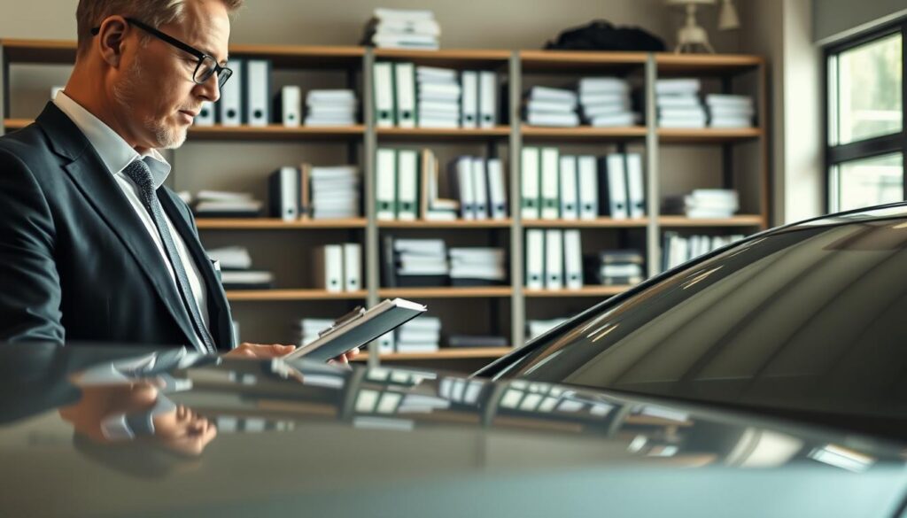 A professional vehicle appraiser (rzeczoznawca) analyzing a car's condition in a modern office environment. In the foreground, the appraiser, dressed in a tailored suit and glasses, is inspecting the vehicle's exterior while taking notes on a clipboard. The middle ground features the car, a sleek sedan with detailed reflections highlighting its curves. In the background, shelves filled with appraisal manuals and technical equipment are visible, along with a large window letting in natural light that creates a warm, focused ambiance. The overall mood conveys professionalism and expertise, emphasizing the critical role of the appraiser in the compensation process. The perspective is slightly angled to capture both the appraiser’s focused expression and the vehicle in detail, with soft shadows to enhance depth.