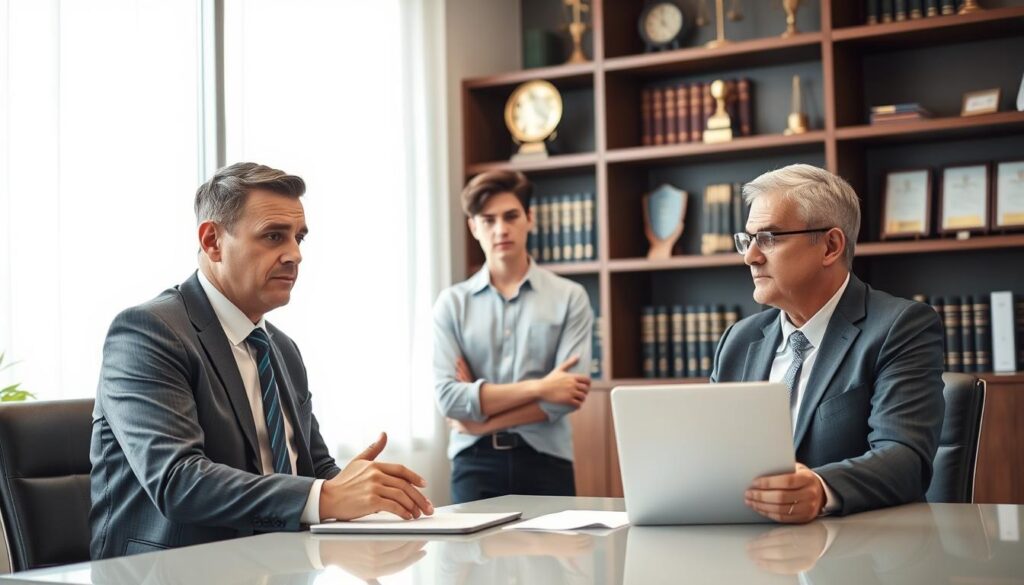 A professional, well-lit office environment with a focus on a consultation scene about compensation claims. In the foreground, a middle-aged insurance adjuster, dressed in formal business attire, is seated at a sleek, modern desk with a laptop and paperwork. In the middle, a concerned client, a young adult in smart casual wear, is listening intently, appearing engaged. Both individuals have serious expressions, reflecting the importance of the conversation. The background features shelves filled with legal books and awards, indicating expertise. Soft natural light filters through a large window, creating a calm, professional atmosphere. The image captures the essence of assessing and discussing the claims process in a supportive and informative setting. A professional, well-lit office environment with a focus on a consultation scene about compensation claims. In the foreground, a middle-aged insurance adjuster, dressed in formal business attire, is seated at a sleek, modern desk with a laptop and paperwork. In the middle, a concerned client, a young adult in smart casual wear, is listening intently, appearing engaged. Both individuals have serious expressions, reflecting the importance of the conversation. The background features shelves filled with legal books and awards, indicating expertise. Soft natural light filters through a large window, creating a calm, professional atmosphere. The image captures the essence of assessing and discussing the claims process in a supportive and informative setting.
